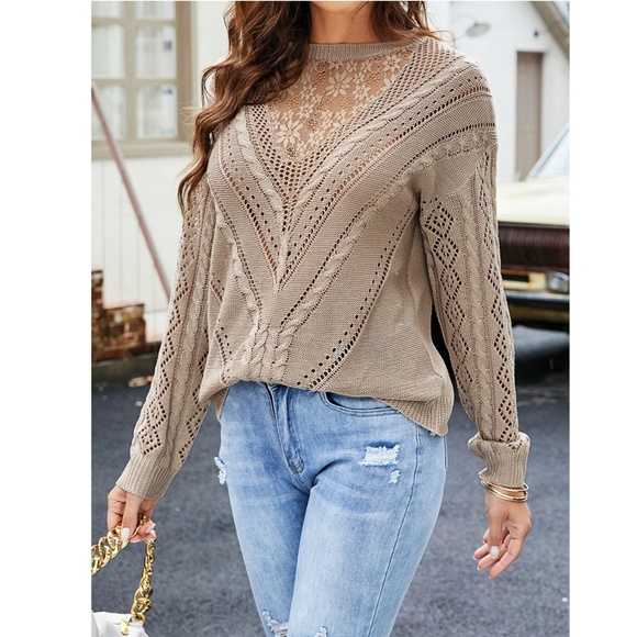Lace Detail Mocha Knit Long Sleeve Light Sweater Top - Picture 2 of 11